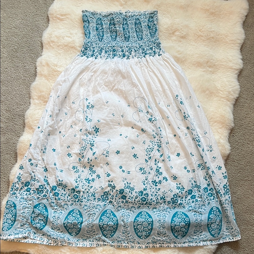 Blue and White Floral Cotton Women's Strapless Dress Size S